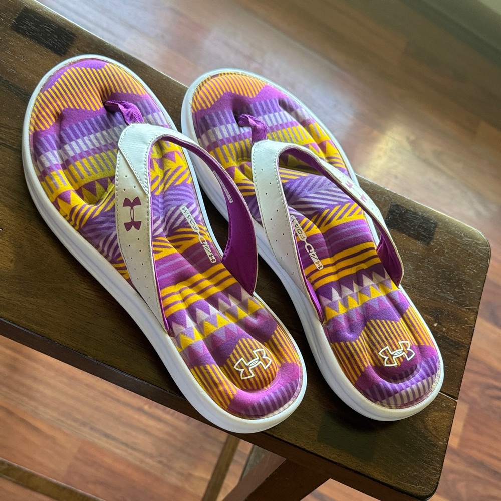 Under Armour Women's Purple & Yellow Patterned Flip Flops with White Straps